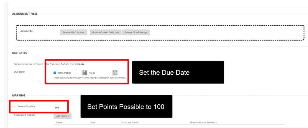 A screenshot showing the additional options that should be considered when creating an Assignment. This includes due date, points possible, assignment type, mark display settings, availability and date parameters. 