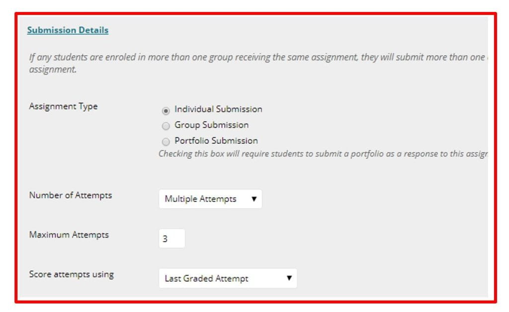 A screenshot of the Blackboard Create Assignment page. The submission details tab is shown, three options are listed for assignment type: individual, group and portfolio. Three drop down menus are shown: number of attempts, maximum attempts and score attempt using.