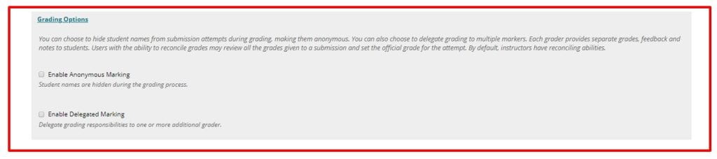 A screenshot of the Blackboard Create Assignment page. The grading options tab is expanded to reveal two options, enable anonymous marking and enable delegated marking.