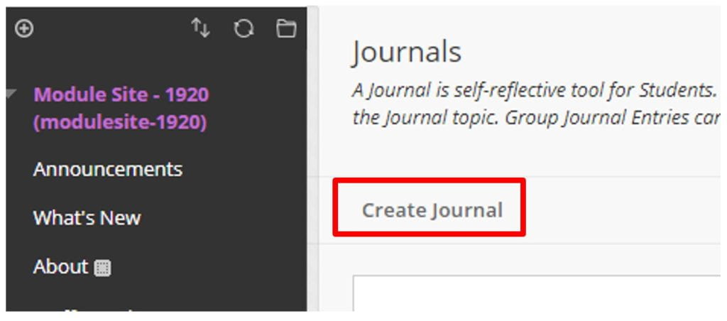 A screenshot of a Blackboard Module Site, the Journals page is shown, a red box highlights the Create Journal button.