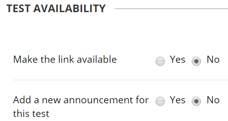 A screenshot of the Blackboard Test Setup Page. The Test Availability section is shown with two yes/no options: make the link available and add a new announcement for this test. 