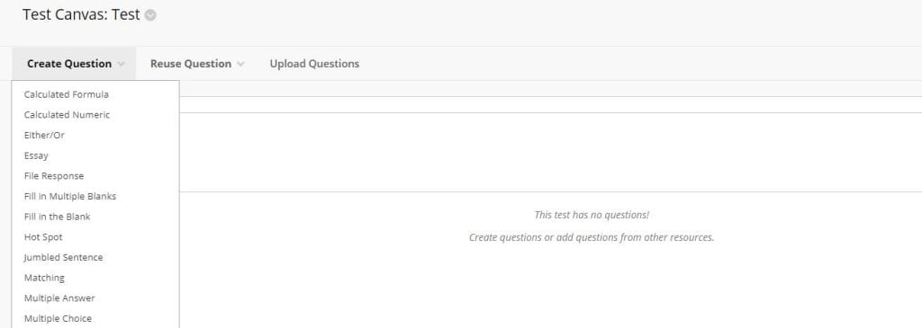 A screenshot of the Blackboard Test Canvas, the Create Question tab is expanded.