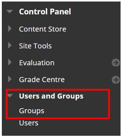 A screenshot of the Blackboard Control Panel. A red box highlights the Users and Groups tab.