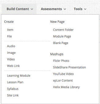 A screenshot showing the 'Build Content' menu from which you can select a number of types of content to add to your module site.