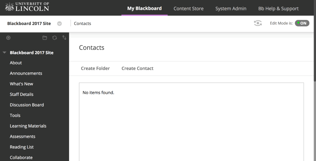 A screenshot showing the 'Contacts' area of a Blackboard site where staff details can be added.