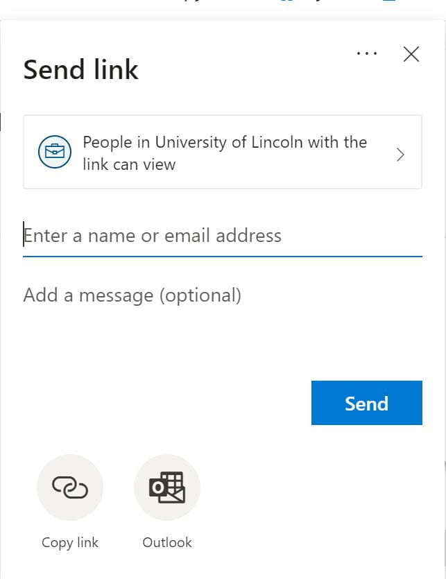 A screenshot showing the 'Send Link' option on OneDrive from where you can add the email address of the person at the University you wish to share with.