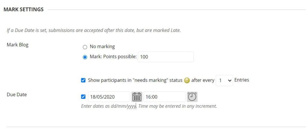 A screenshot of the Create Blog page of a Blackboard Module Site. The Grade Settings allows you to select total points possible if applicable, at what point does the user show as Needs Marking in the grade centre, and the Due Date for entries.