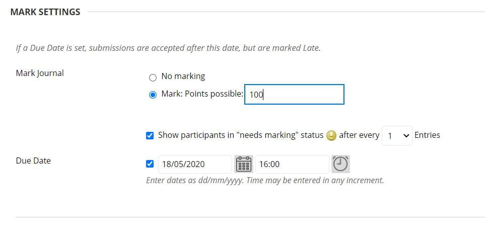 A screenshot of the Create Journal page of a Blackboard Module Site. The Grade Settings allows you to select total points possible if applicable, at what point does the user show as Needs Marking in the grade centre, and the Due Date for entries.
