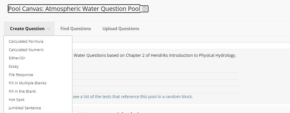 A screenshot of the Question Pool canvas. The Create Question tab is expanded to reveal a list of possible question types.