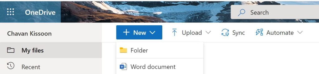 A screenshot showing how to click 'New' and 'Create Folder' to make a new folder on OneDrive.