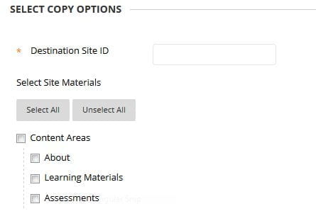 A screenshot showing the site copy options when wanting to copy a full site from one year to the next.