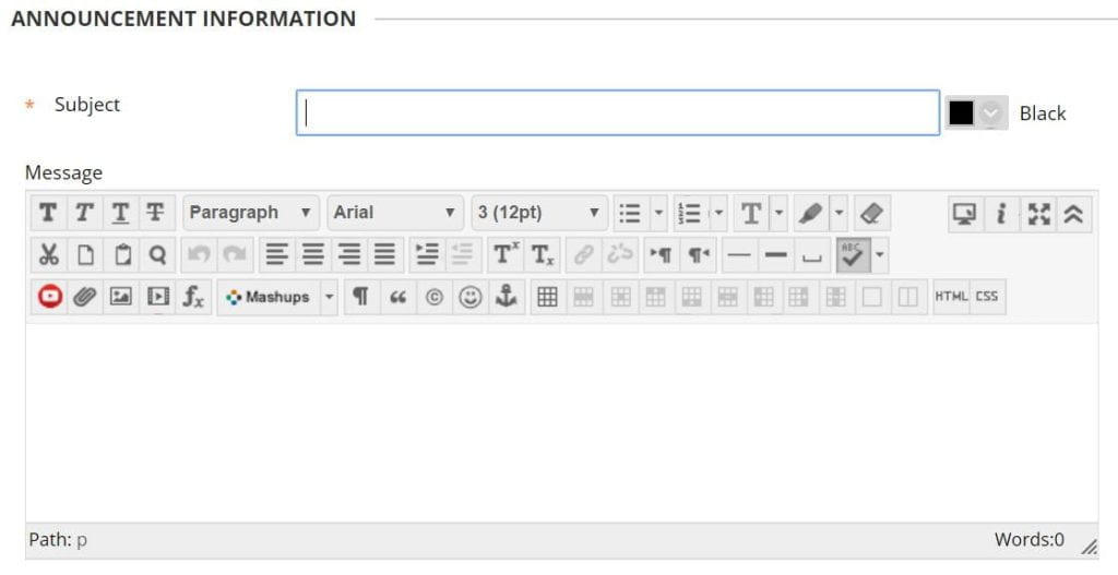 A screenshot showing how you can create an announcement by adding a title and body content.