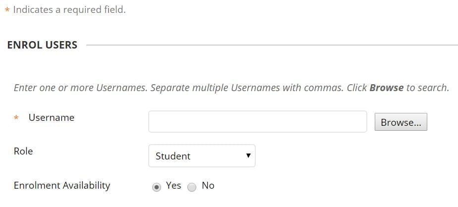 A screenshot showing how you can 'Enrol Users' by typing their username into the Enrol Users box and clicking submit.