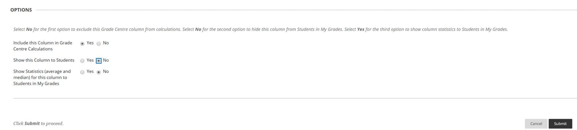 A screenshot of the Edit Column Information menu for the Total Column in the Grade Centre. The option to make available to students is set to No.