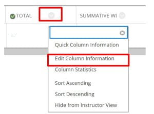 A screenshot of the Total Column in the full grade centre. The chevron arrow is shown next to the column title, the expanded menu shows the Edit Column Information option.