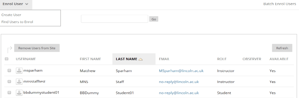 A screenshot showing the 'Enrol Users' menu from where you can add a colleague to your module site.