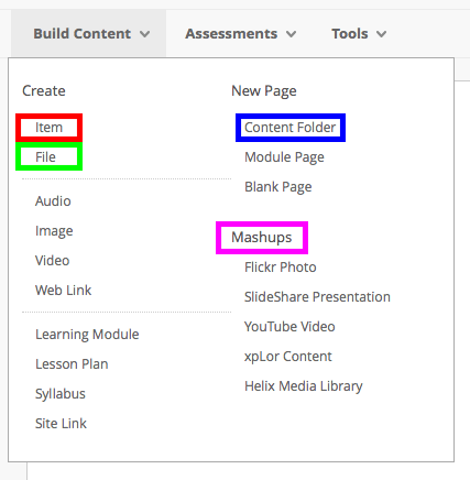 A screenshot showing the various options we recommend you use on the 'Build Content' menu including 'Item', 'File', 'Content Folder' and 'Mashups'.