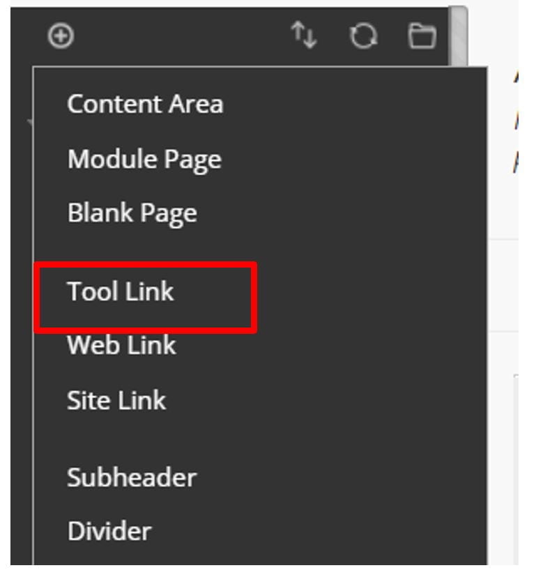 A screenshot of the Blackboard Module Site Navigation Menu. The Add menu is expanded and the Tool Link option is highlighted.