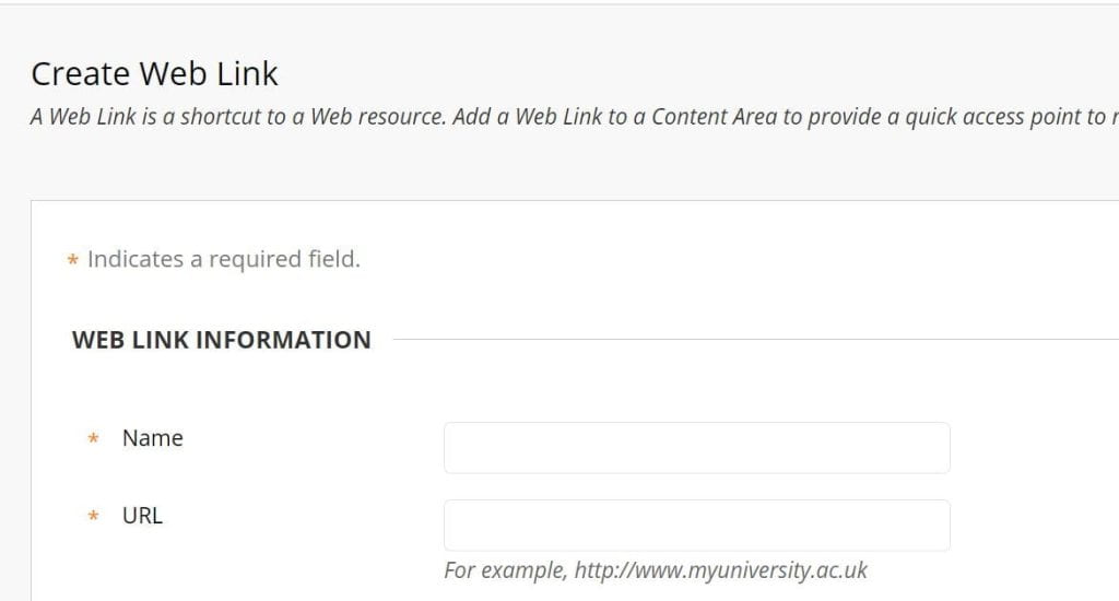 A screenshot showing the 'Create Web Link' option in Blackboard where you can add a name for your link and the URL.