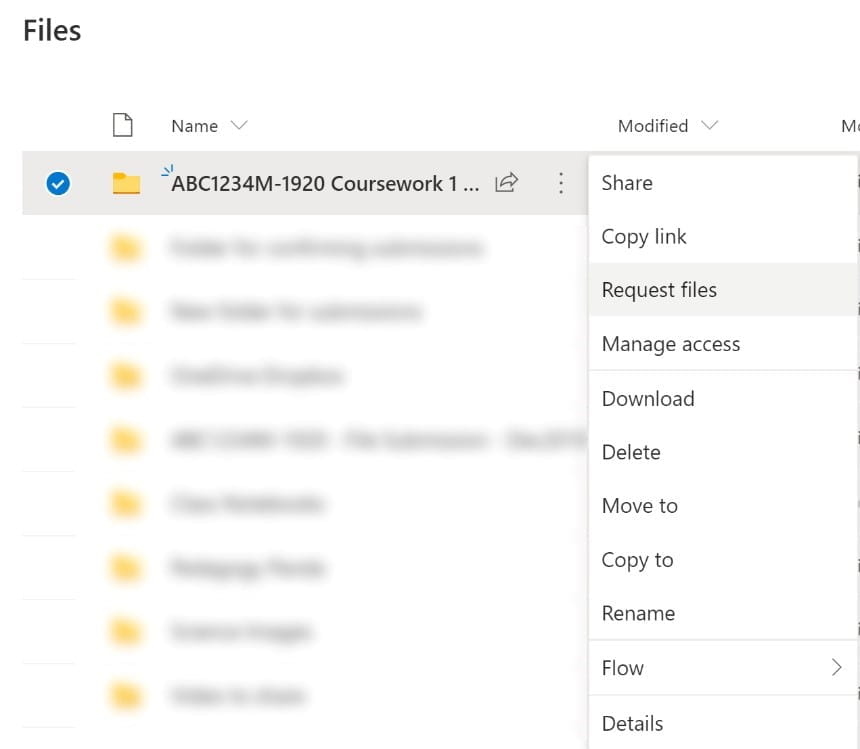 Folder options in OneDrive including 'Request Files'.