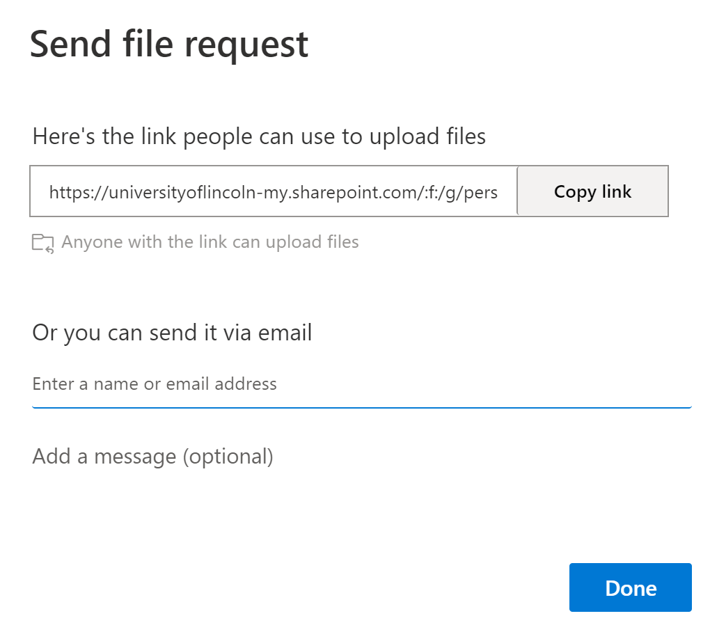 Send File request page, with the shareable link.