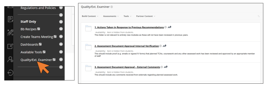 A screenshot of an External Examiner space in a Blackboard Original course. A number of folders are presented. 