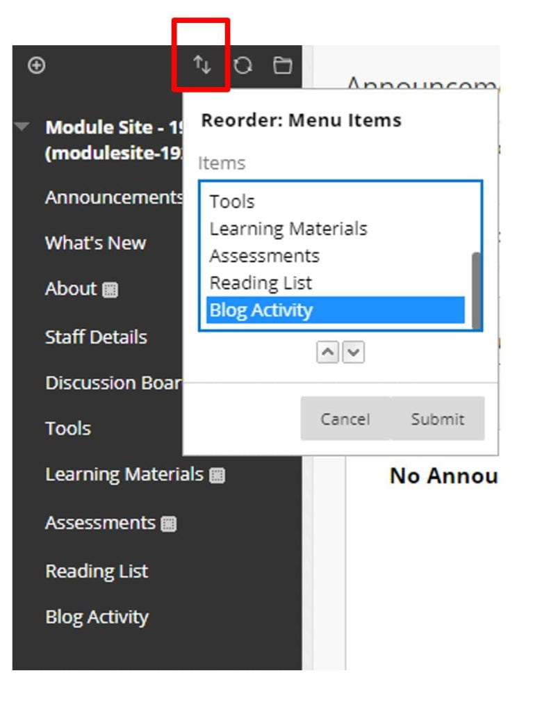 A screenshot of the Reorder Menu Items feature of a Blackboard Module Site. A list of items is shown including Assessments, Learning Materials and Blogs, two arrows are shown to move an item up or down in the navigation menu.