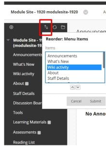 A screenshot of the Reorder Menu Items feature of a Blackboard Module Site. A list of items is shown including Announcements, Staff Details and Journal Activity, two arrows are shown to move an item up or down in the navigation menu.
