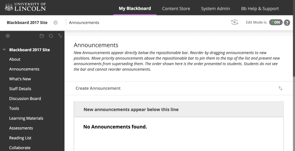 A screenshot showing a Blackboard module site without any announcements.