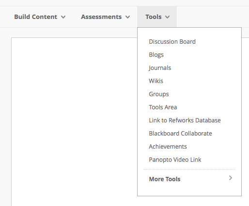 A screenshot of the 'Tools' menu from where you can add a number of digital tools for use on your Blackboard site.