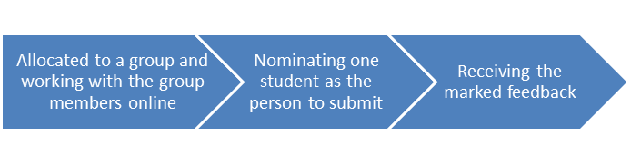 A diagram to show the student submission process. Stage 1:  Allocated to a group and working with the group members online. Stage 2: Nominating one student as the person to submit. Stage 3: Receiving the marked feedback.