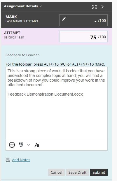 A screenshot of the Blackboard Assignment feedback window, a purple mark box is shown with a grade centred, a text box contains feedback and a link to download an additional word document.