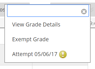 A screenshot of the Attempts menu for a Blackboard Grade Centre cell, a student has made a submission as the attempt is listed, the option to view grade details and exempt grade are also shown.