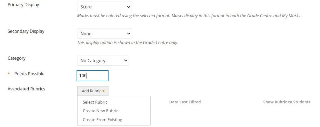 A screenshot of the Create Column page of Blackboard, drop down boxes are shown for primary and secondary display and category. A points possible field is set to 100, and the Add Rubric menu is expanded. 