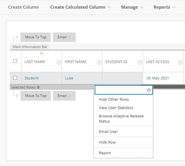 A screenshot of the Blackboard Grade Centre, a student is listed, the chevron arrow next to their name has been selected and a list of options is presented, View User Statistics is the second option.