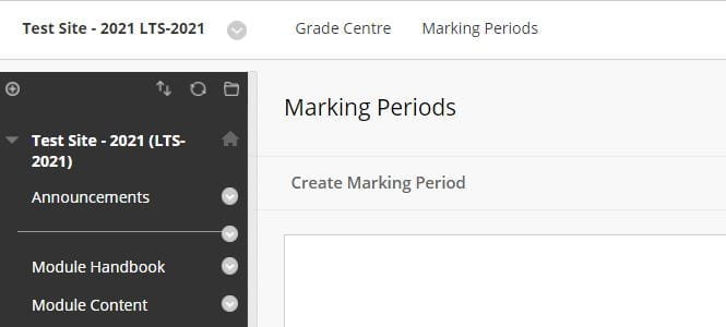 A screenshot of a Blackboard Module, the Marking Periods page is shown and a Create Marking Period button is presented.