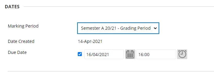 A screenshot of the Edit Column Information page for a Blackboard Assignment. The Dates section is shown the dropdown box for grading period has a Semester A period selected.