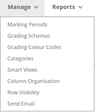 A screenshot of the Manage tab in the Full Blackboard Grade Centre. The expanded menu shows a list of options, the top option is Marking Periods.