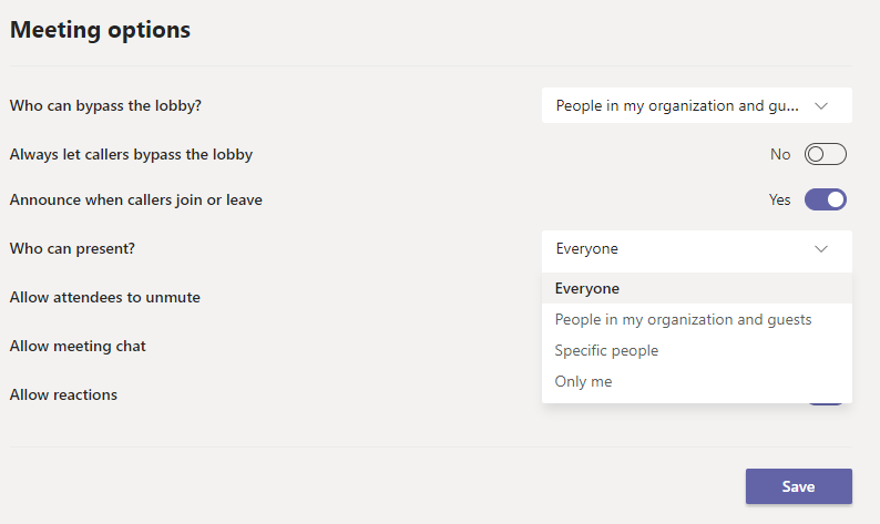 The settings within Meeting Options on Teams.