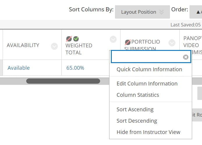 A screenshot of the Grade Centre in Blackboard. A weighted column is shown, the chevron arrow to the right of the title is selected to display list of options. Edit column information is listed.