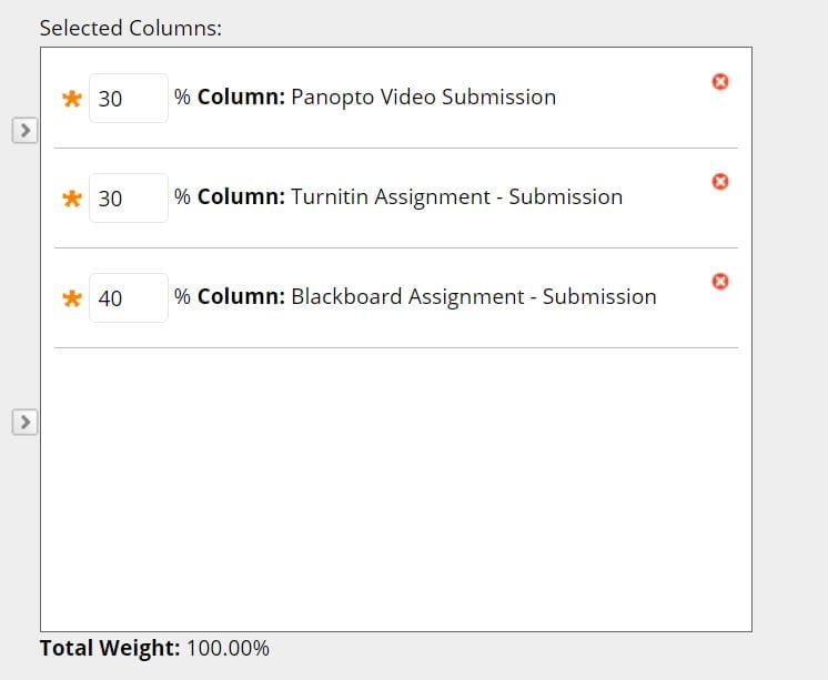 A screenshot of the weighted column creation page, three assessments have been moved into the Selected Columns window, they have percentages which add up to 100.