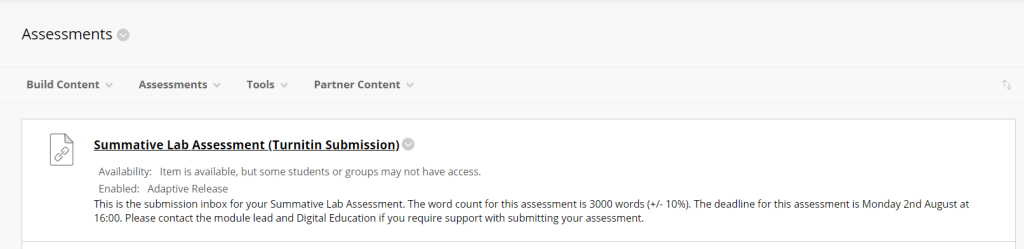 A screenshot of a Turnitin Submission point, created by the new Turnitin LTI, displayed as a content link on the Blackboard assessments page. The title and description of the submission are shown, and the title is hyperlinked to the assignment inbox.