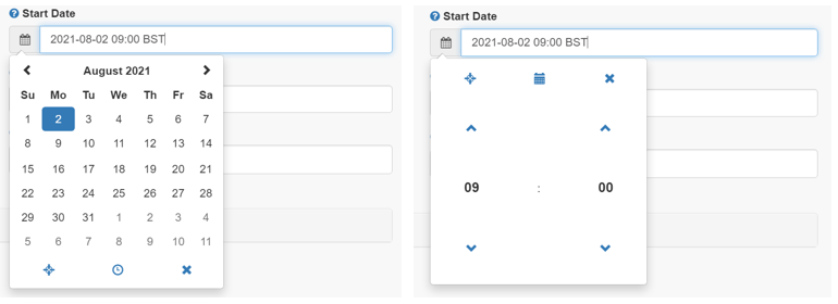 A screenshot of the Turnitin LTI Start Date configuration windows. The left menu shows a calendar and the date August 2nd 2021 selected. The right image shows the time 9AM displayed as hours and minutes that can be increased or decreased using up and down arrows.