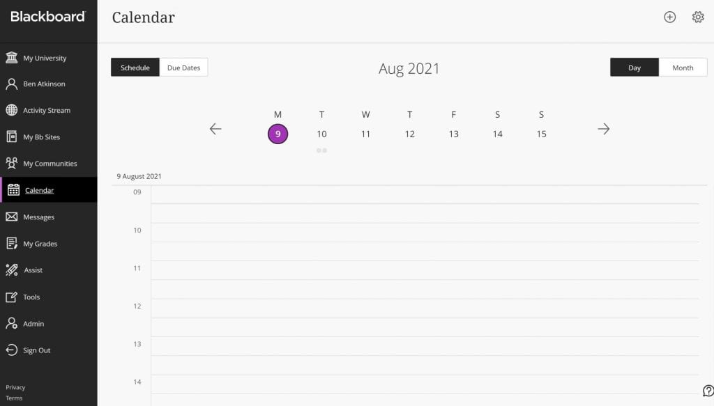 The Blackboard Calendar shows all upcoming deadlines and other date related content. Staff can also add content to the calendar for students on their modules.