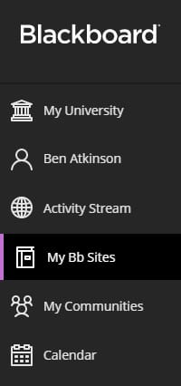 The main navigation in Blackboard, including the My Bb sites button.