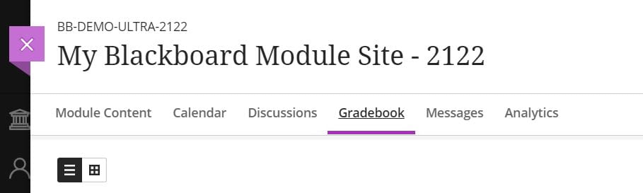 A screenshot of the Blackboard Ultra module page. The gradebook menu tab is selected.