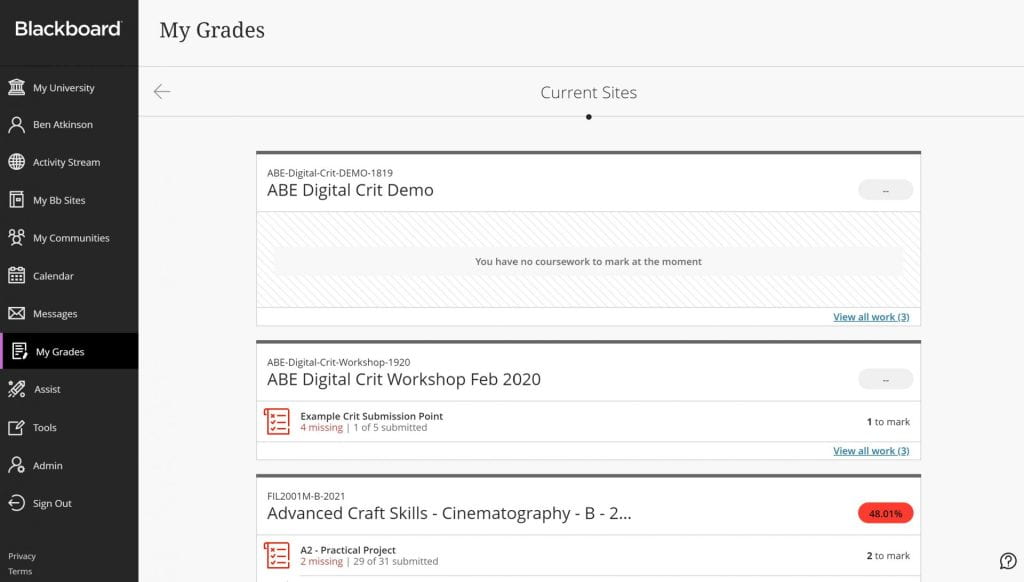 My Grades is a page where students can see all their grades from submissions across module sites, and staff can see work that needs to be marked.