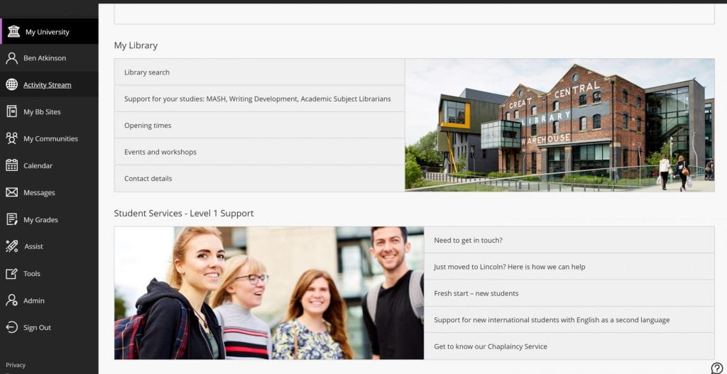 The My University page within Blackboard shows content to staff and students dependent on their role and year of study.