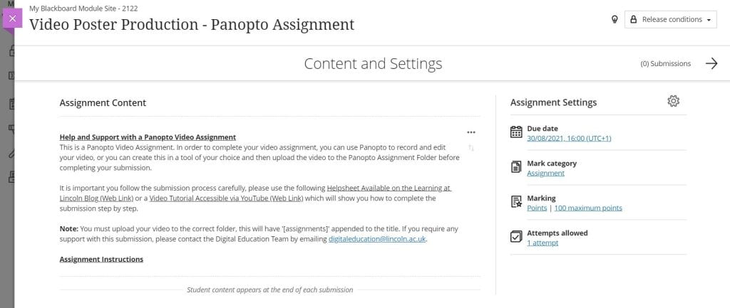 A screenshot of a Blackboard Assignment. The Assignment is titled Panopto Video Poster Production. The centre of the screen contains a text box of instructions for students to follow. On the right hand side there are the assignment settings which include, in order, the due date, category, marks available and number of attempts.