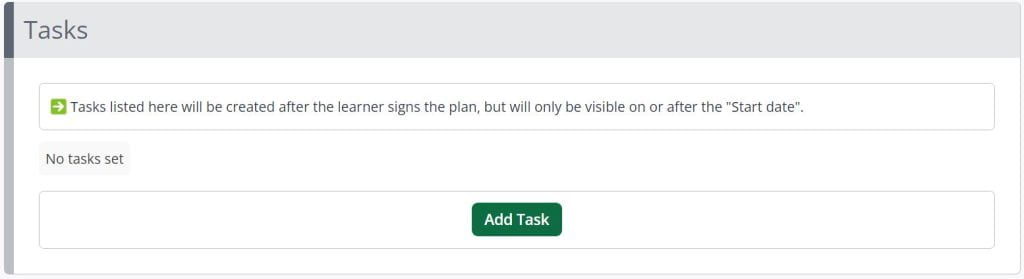 A screenshot of the create an Activity Plan menu. The segment displayed is titled Tasks, a green Add Task button is displayed.